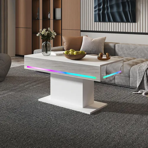 Miniatura 14 de HedoAjim - Mesa de café LED para sala de estar, mesa rectangular central de sala de estar, mesas de café modernas de madera con alto brillo y luces