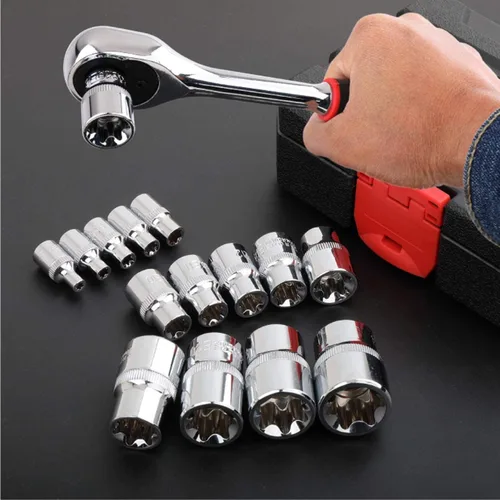 Miniatura 5 de E-Torx Star Socket Set de 14 piezas con funda, 1/4, 3/8, 1/2 pulgadas. Juego de llaves de estrella externas hembra E4-E24 Rojo