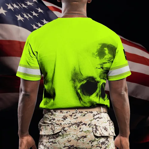 Miniatura 5 de Camisa de Alta Visibilidad con Cráneo para Hombre, Camisas Reflectantes de Seguridad con Bandera de EE. UU., Nombre Personalizado para Ropa