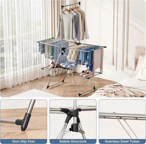 Miniatura 6 de APEXCHASER Large Capacity Foldable Clothes Drying Rack, Heavy Duty Stainless Steel Laundry Drying Rack with Top Hanger, Multi-Layer Indoor Outdoor