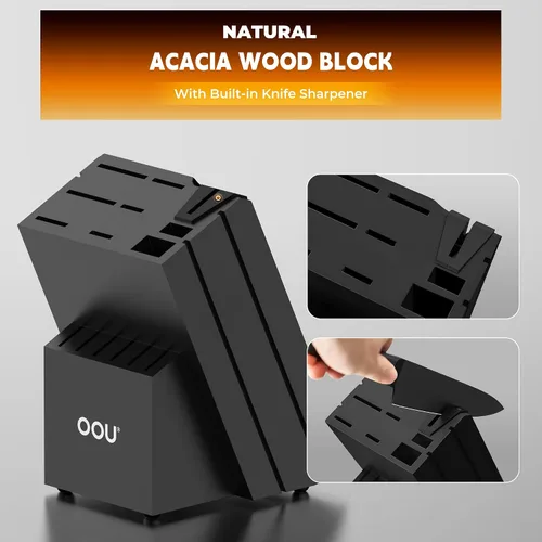 Miniatura 7 de OOU Juego de Cuchillos de Cocina con Bloque - 15 Piezas de Acero Inoxidable de Alto Carbono con Bloques de Afilado Integrados, Negro