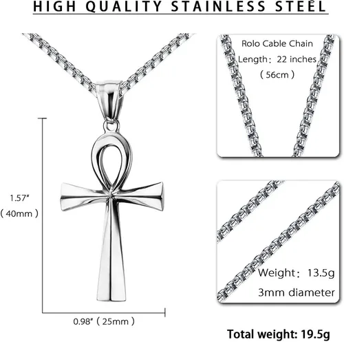 Miniatura 25 de Reve Collar con colgante religioso de cruz de Ankh copta de acero inoxidable para hombres y mujeres, cadena de 20 a 24 pulgadas