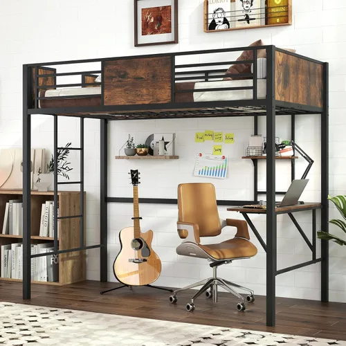 Miniatura 10 de Giantex Cama alta de metal tamaño individual con escritorio y estante de almacenamiento, marco de cama alta resistente con escalera integrada