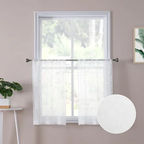 Miniatura 10 de Tollpiz Cortinas Cortas Transparentes de Hojas con Bordado de Hojas Grises, Cortinas de Dormitorio con Bolsillo para Barra, Voile de Lino Sintético