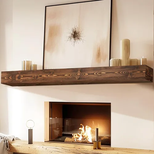 Miniatura 25 de Repisa de chimenea de 48 pulgadas, madera maciza rústica hecha a mano de 3 pulgadas de grosor, estante flotante largo de pared con soporte de metal