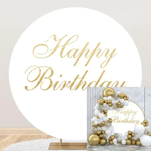 Telón de fondo redondo de feliz cumpleaños, color blanco y dorado, fondo de fotografía, decoración de fiesta de cumpleaños para adultos y niños,