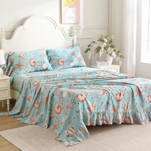 Miniatura 8 de ABREEZE Juego de sábanas con estampado floral beige, juego de ropa de cama bohemio, juego de ropa de cama de lujo de 4 piezas, medallón de damasco