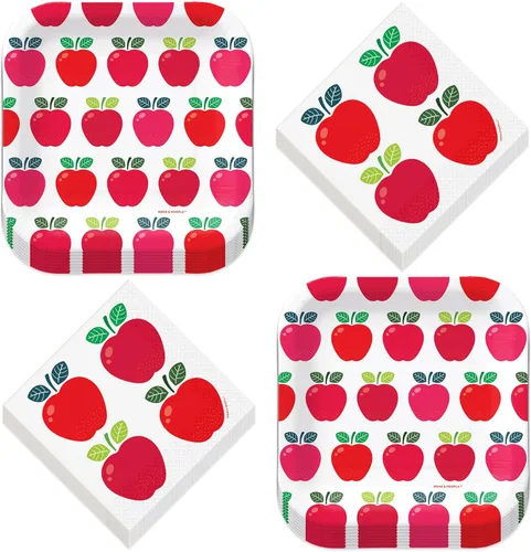 HOME & HOOPLA Apple Party Supplies – Platos y servilletas de papel cuadrado de manzana roja (sirve 16) – Vajilla temática de manzana, otoño,