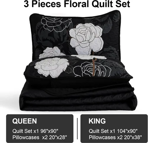 Miniatura 4 de Anibedding Juego de edredón floral tamaño Queen, elegante colcha cubrecama negra con estampado floral de 3 piezas, juego de ropa de cama