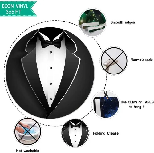Miniatura 4 de BJRLEM998 - Telón de fondo de esmoquin negro de 3 x 5 pies para hombre, traje de pajarita en blanco y negro, traje de lujo, cumpleaños, cena