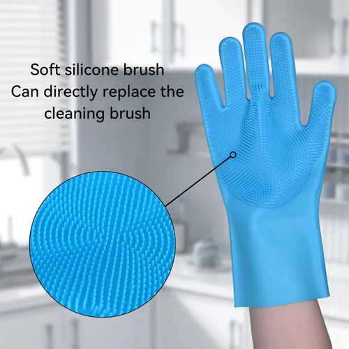 Miniatura 2 de Guantes de silicona para lavar platos, guantes de cocina para lavar platos, reutilizables, impermeables, para el hogar, con cepillo de limpieza