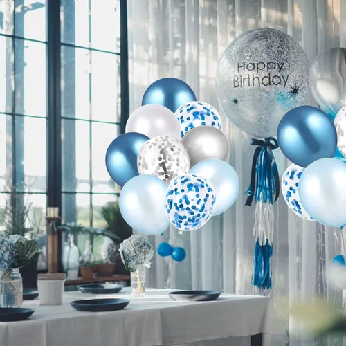 Miniatura 7 de 60 globos de confeti azul plateado y blanco de 12 pulgadas, globos de color blanco azul claro, globos plateados metálicos, globos de confeti