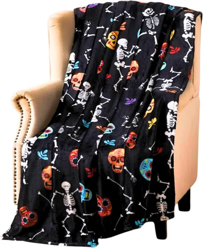 Manta de vellón embrujada de Halloween: manta de forro polar de terciopelo suave con estampado de calaveras de azúcar y esqueleto bailarín de