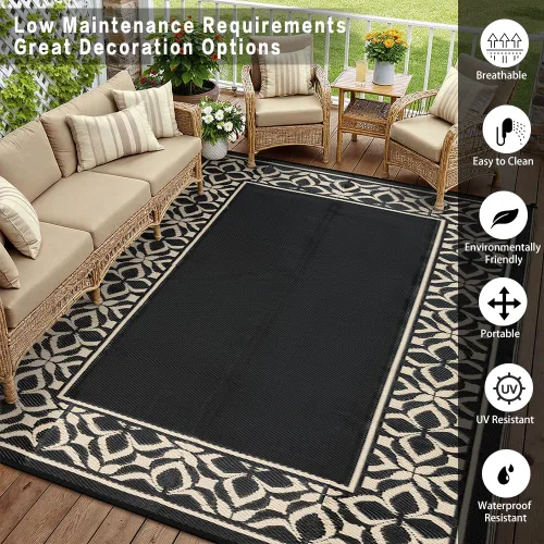Miniatura 6 de PureCozy Alfombra de paja de plástico para exteriores, color negro, beige, grande, impermeable, para patio, 5 x 8 pulgadas, geométrica, reversible