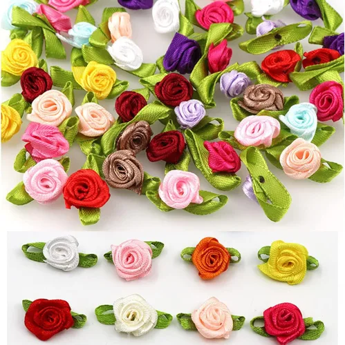LOPURO Mini rosas de cinta, 100 piezas de flores de tela artificial con hojas verdes, rosetas de colores mixtos, mini rosas de cinta para Colores