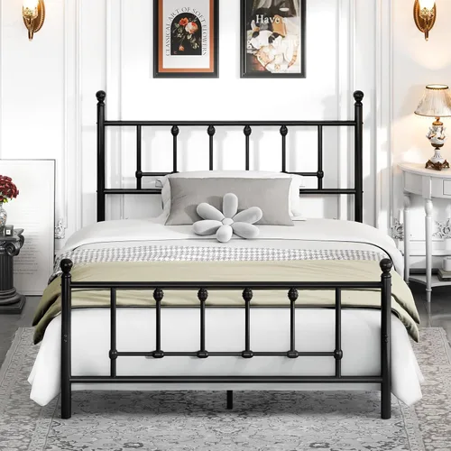 LEVELEVE Marco de cama de plataforma de metal victoriano vintage de tamaño matrimonial de 14 pulgadas con cabecero y estribo, almacenamiento debajo