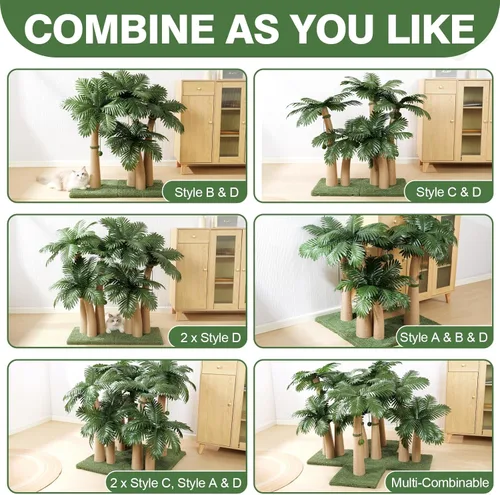 Miniatura 6 de Poste Rascador para Gatos de 40'' de Alto Árbol para Gatos, 3 Postes Rascadores de Palmera de Diseño Curvado con 8 Bolas Interactivas, Cuerda