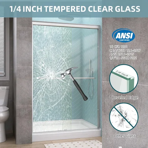 Miniatura 3 de GETPRO Puerta de ducha corrediza de 44-48 pulgadas de ancho x 72 pulgadas de alto, puertas correderas dobles sin marco para ducha, puerta de vidrio