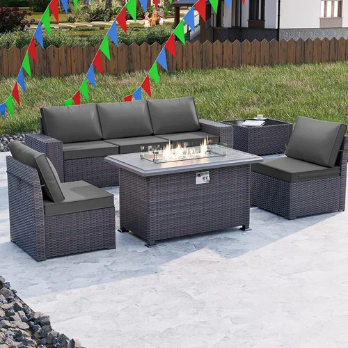 Miniatura 8 de Kullavik Juego de 7 muebles de patio al aire libre con mesa de fogata de gas propano de 43 pulgadas, 55000 BTU, sofá seccional de ratán de Gris