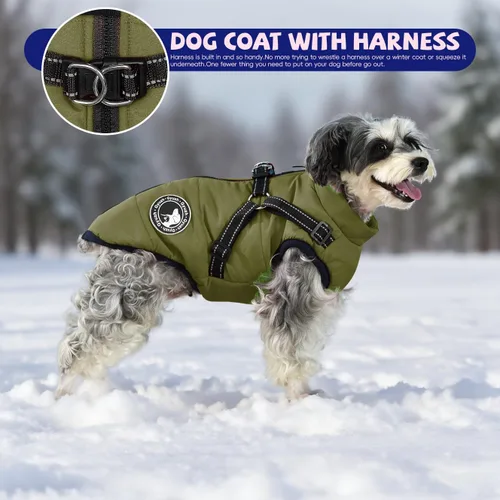 Miniatura 9 de Jinpet - Abrigo con arnés reflectante de invierno para perro, tela polar impermeable, chaqueta con cremallera, para cachorros, perros pequeños, Verde
