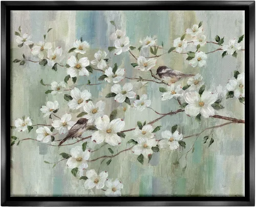Stupell Industries Delicadas flores de cerezo encaramadas pájaros pintura clásica flotante enmarcado arte de pared, diseño de Nan