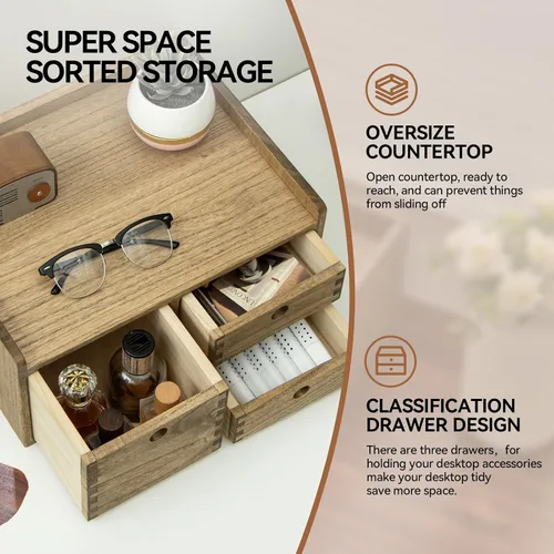 Miniatura 3 de KIRIGEN Organizador de escritorio con 3 cajones - Caja de almacenamiento con cajones de madera y bandejas para mesa - Organizador de herramientas