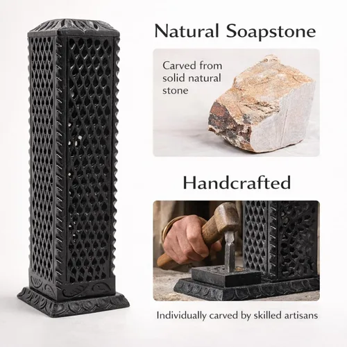 Miniatura 3 de Quemador de varillas de incienso de piedra jabón de mármol negro hecho a mano Portavelas Quemador de velas de té - Tallado Jaali perfecto