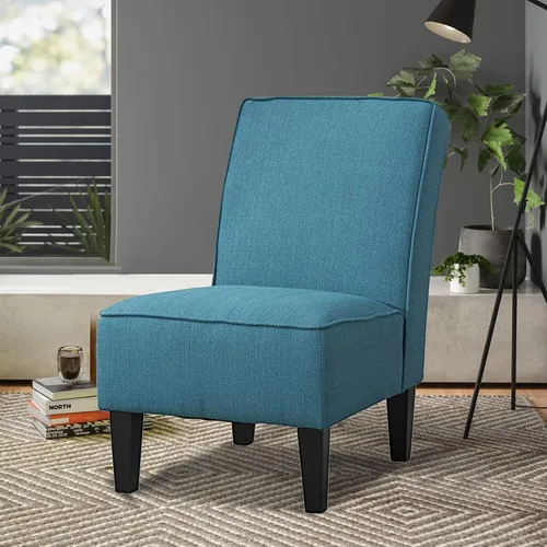 Miniatura 4 de Silla decorativa tapizada sin brazos para sala de estar, juego de 2 sillas deslizantes para dormitorio, tela de lino azul