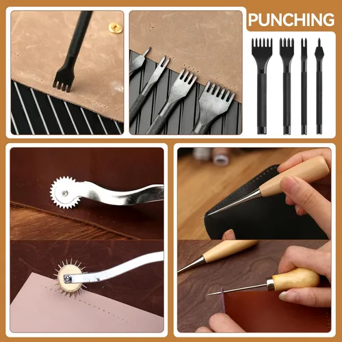 Miniatura 4 de Kit de trabajo de cuero de 60 piezas, kit de costura de cuero, herramientas de artesanía de cuero con bolsa de almacenamiento, herramientas