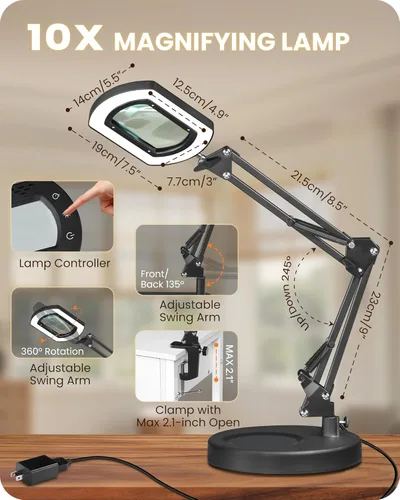 Miniatura 5 de Lupa redonda de 10 veces con luz y soporte, lámpara de escritorio con luz LED 2 en 1 y abrazadera, 5 modos de color regulable continuo, lámpara