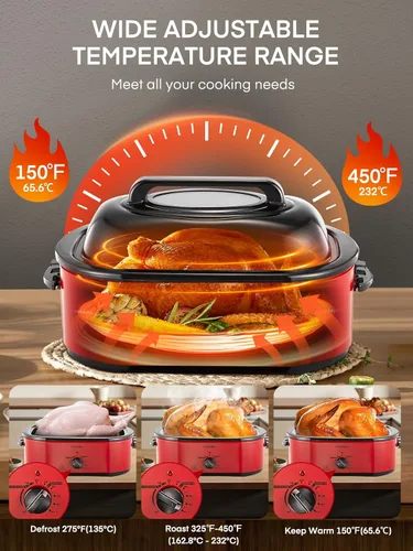 Miniatura 3 de FOHERE Horno asador eléctrico de 26 cuartos de galón con tapa visible y autofundante, tostador grande de pavo con función de descongelación y calor
