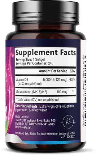 Miniatura 8 de Vitamina D con K2 (MK-7) – Vitamina D3 5000IU (125 mcg) por porción – Suplemento complejo D3K2 para huesos, dientes, músculos, absorción de calcio
