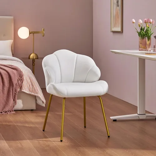 Miniatura 5 de Yaheetech Silla de tocador, silla decorativa de terciopelo con respaldo en forma de concha, sillón moderno con patas de metal dorado para Blanco