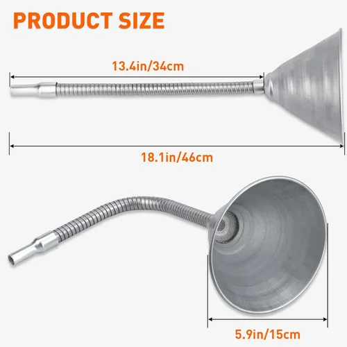 Miniatura 2 de Embudo universal de acero flexible con filtro y tubo flexible, galvanizado para todos los aceites automotrices, combustible diesel y otros líquidos