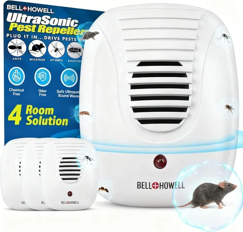 Bell+Howell Repelente ultrasónico para plagas mejorado 2025 para interiores, 4 unidades, kit de repelente de ratones para el hogar, control de