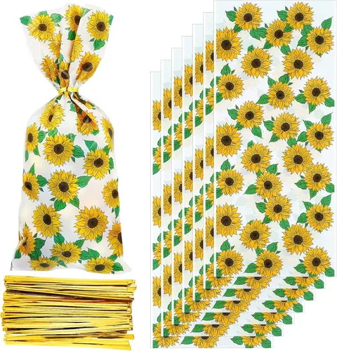 Tenare 100 bolsas de celofán de girasol, bolsas de recepción, bolsas de fiesta de girasol, dulces, almacenamiento de plástico con 150 lazos dorados