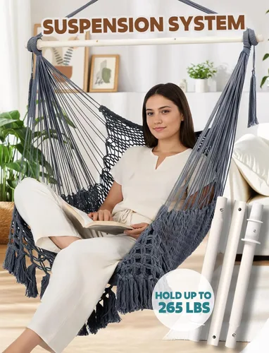 Miniatura 5 de Chihee Silla Hamaca Colgante Súper Grande de Tejido de Cuerda de Algodón Hilado Suave, Barra Separadora de Metal Fuerte Plegable Asiento Ancho