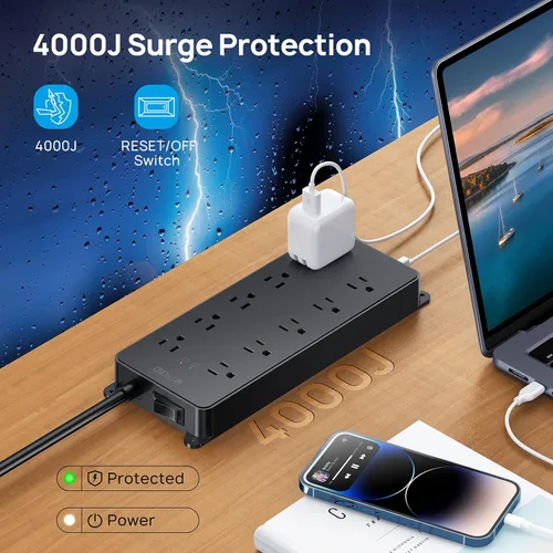 Miniatura 2 de TROND - Alargador de corriente con protector contra sobretensiones, 4000 J, certificado ETL, 10 salidas ampliamente espaciadas con 2 USB A y 2 USB