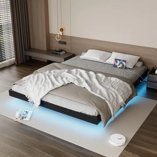 Base de cama flotante de tamaño matrimonial con luces LED y estación de carga, marco de cama de plataforma de metal sintético negro, fácil montaje,