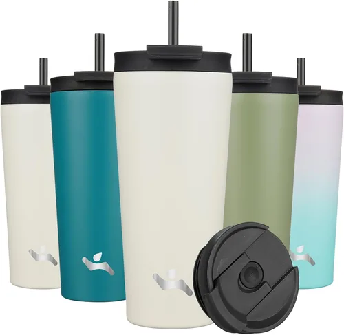 Miniatura 12 de Konokyo Vaso aislado de 18 onzas con tapa y 2 pajillas, botella de agua de acero inoxidable, taza de viaje al vacío, taza de café, color blanco ángel