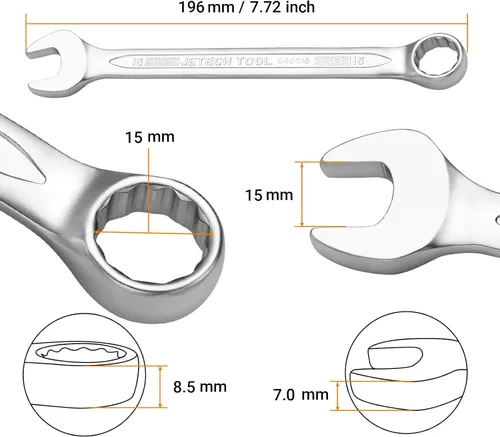 Miniatura 3 de Jetech Llave combinada de 15 mm - Llaves de grado industrial con diseño de 12 puntos, compensación de 15 grados, fabricadas con cromo vanadio