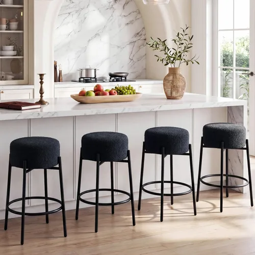 Miniatura 13 de Juego de 2 taburetes de bar modernos de altura de mostrador, taburetes de bar giratorios negros Boucle para isla de cocina, cómodas sillas tapizadas