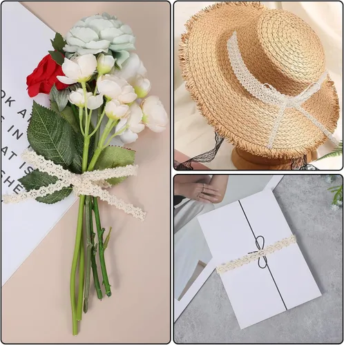 Miniatura 6 de Ymapinc Cinta de encaje de algodón vintage de 10 yardas, ribete fino de encaje de ganchillo de 0.4 pulgadas, cinta blanca marfil para bodas, álbumes