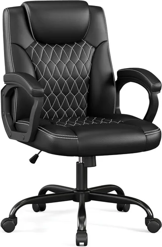 Misolant Silla de oficina, silla de escritorio ejecutiva, cómodas sillas ejecutivas de piel sintética con reposabrazos fijo, altura ajustable, Negro