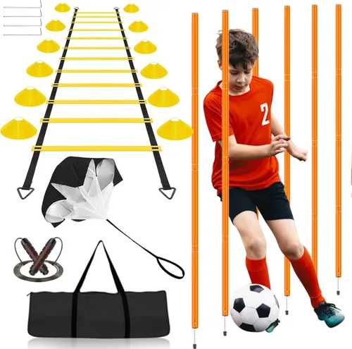 Vztipki Speed & Agility Training Equipment-20ft Agility Ladder, 6 Poles, 12 Soccer Cones, Resistance Parachute, Jump Rope, Soccer Football Amarillo