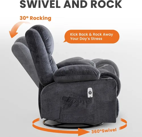 Miniatura 6 de Silla reclinable giratoria para adultos, reclinable de gran tamaño con masaje y calor lumbar, mecedora con bolsillo lateral, 2 portavasos para sala