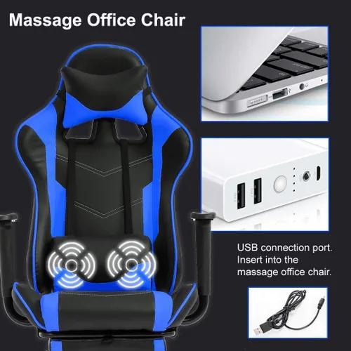 Miniatura 7 de Silla de juegos con reposapiés y soporte lumbar de masaje, silla reclinable de altura ajustable con respaldo alto para adultos, giratoria 360