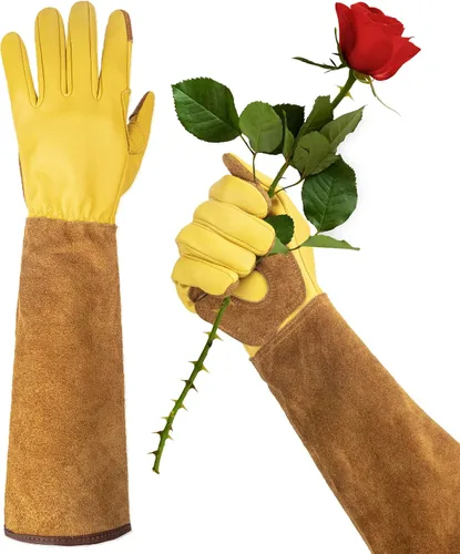 Guantes largos de jardinería para mujeres, a prueba de espinas, guantes de cuero de vaquilla para poda de rosas, para cactus, rosas y moras Marrón