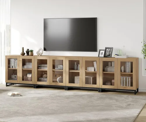 Miniatura 13 de WAMPAT Moderno soporte de TV con puertas de vidrio para televisores de 32 a 40 pulgadas, consola central de entretenimiento con estantes ajustables