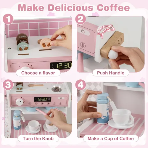 Miniatura 3 de INFANS Juego de cocina para niños, juego de cocina de madera para niños pequeños, juego de juguetes de cocina con cafetera, máquina de hielo, Rosa